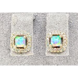 Vintage 925 Sterling Silver Opal White Topaz Surround Stud Earrings